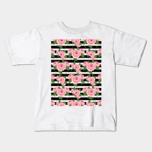 Peony On Black And White Stripes Kids T-Shirt